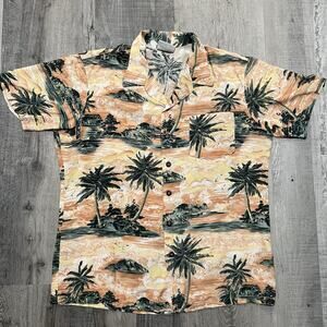 VTG 80s Kennington California Men’s Hawaiian Shirt Orange Tropical Palm Tree M/L
